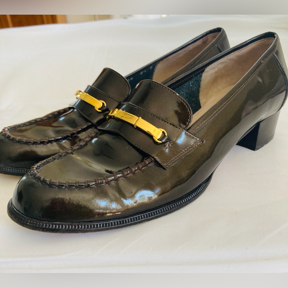 Salvatore Ferragamo Brown Patent Leather Loafer with Gold Detail
